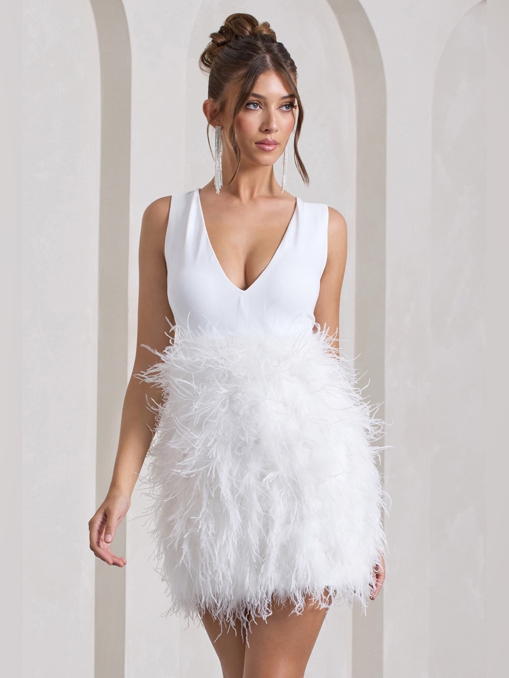 Club L London "Flirt" Plunge Front Mini Dress with Feather Skirt
